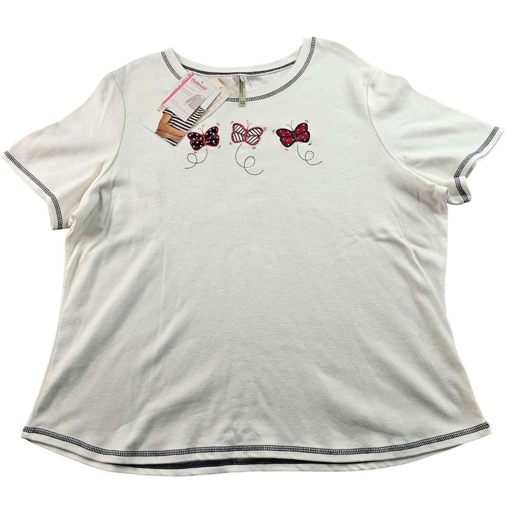 White Stag T-Shirt Girls XL White Embroidered‎ Butterfly Relaxed Fit Round Neck